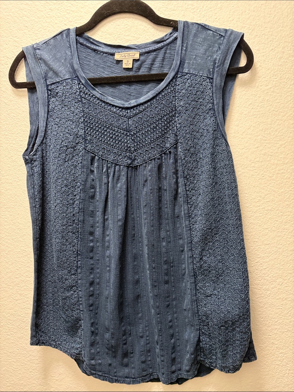 Lucky Brand Indigo Crochet Yoke Sleeveless Top